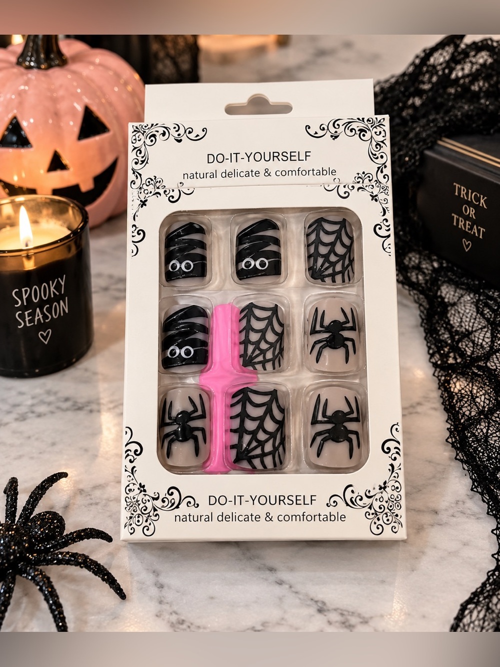 Halloween Spider Web Press On Nails Black Gray Full Cover Set